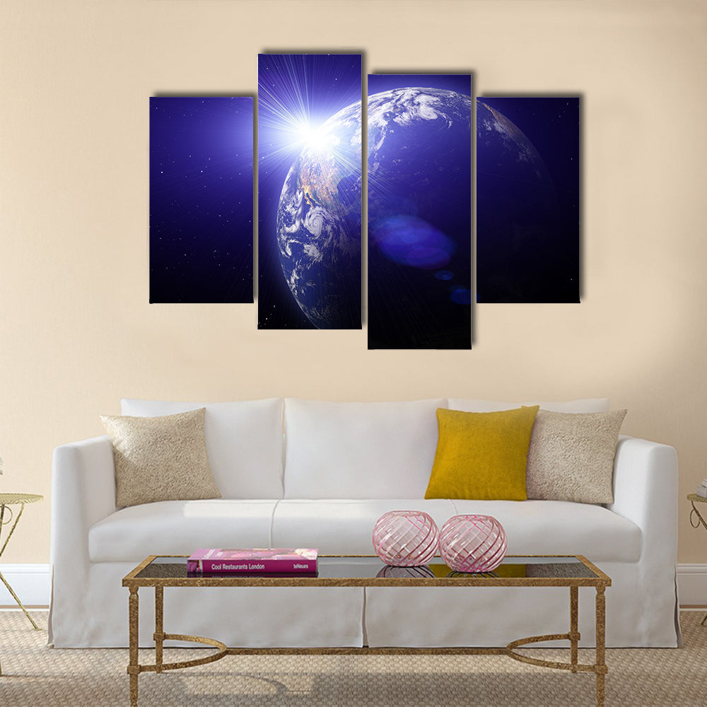 Real Earth Planet in deep space. Sunset Multi Panel Canvas Wall Art