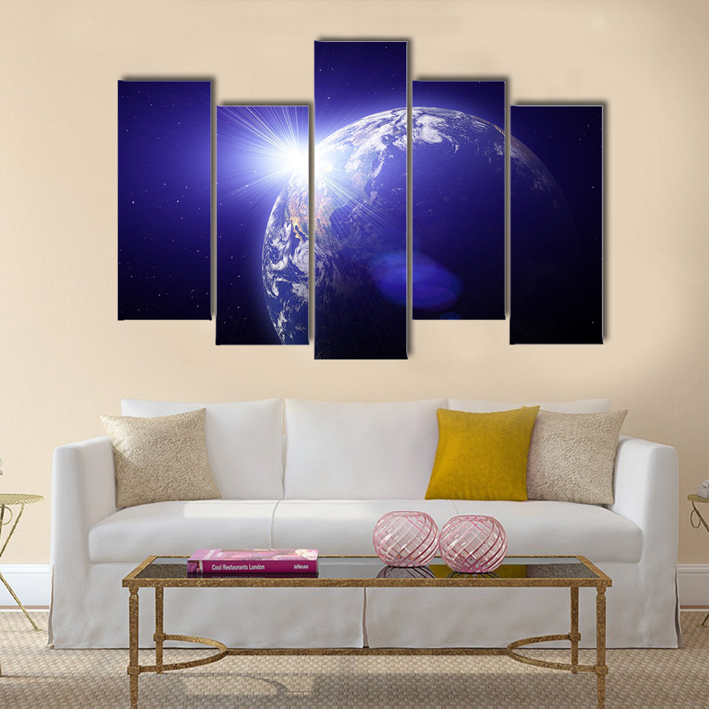 Real Earth Planet in deep space. Sunset Multi Panel Canvas Wall Art