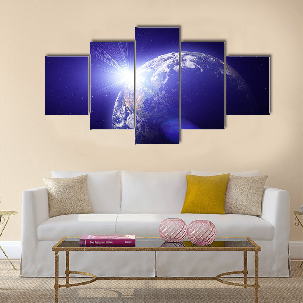 Real Earth Planet in deep space. Sunset Multi Panel Canvas Wall Art