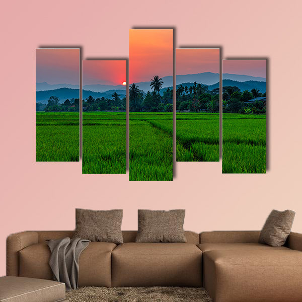 Rice field Mae Kon at sunset in Chiang Rai, Thailand multi panel canvas wall art