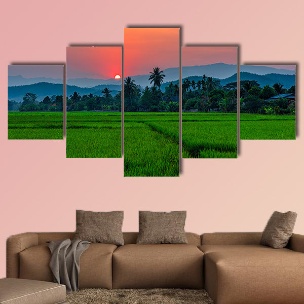 Rice field Mae Kon at sunset in Chiang Rai, Thailand multi panel canvas wall art