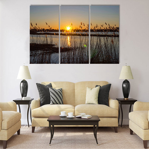 Spring sunset on the river, the sun in the reeds Multi panel canvas wall art