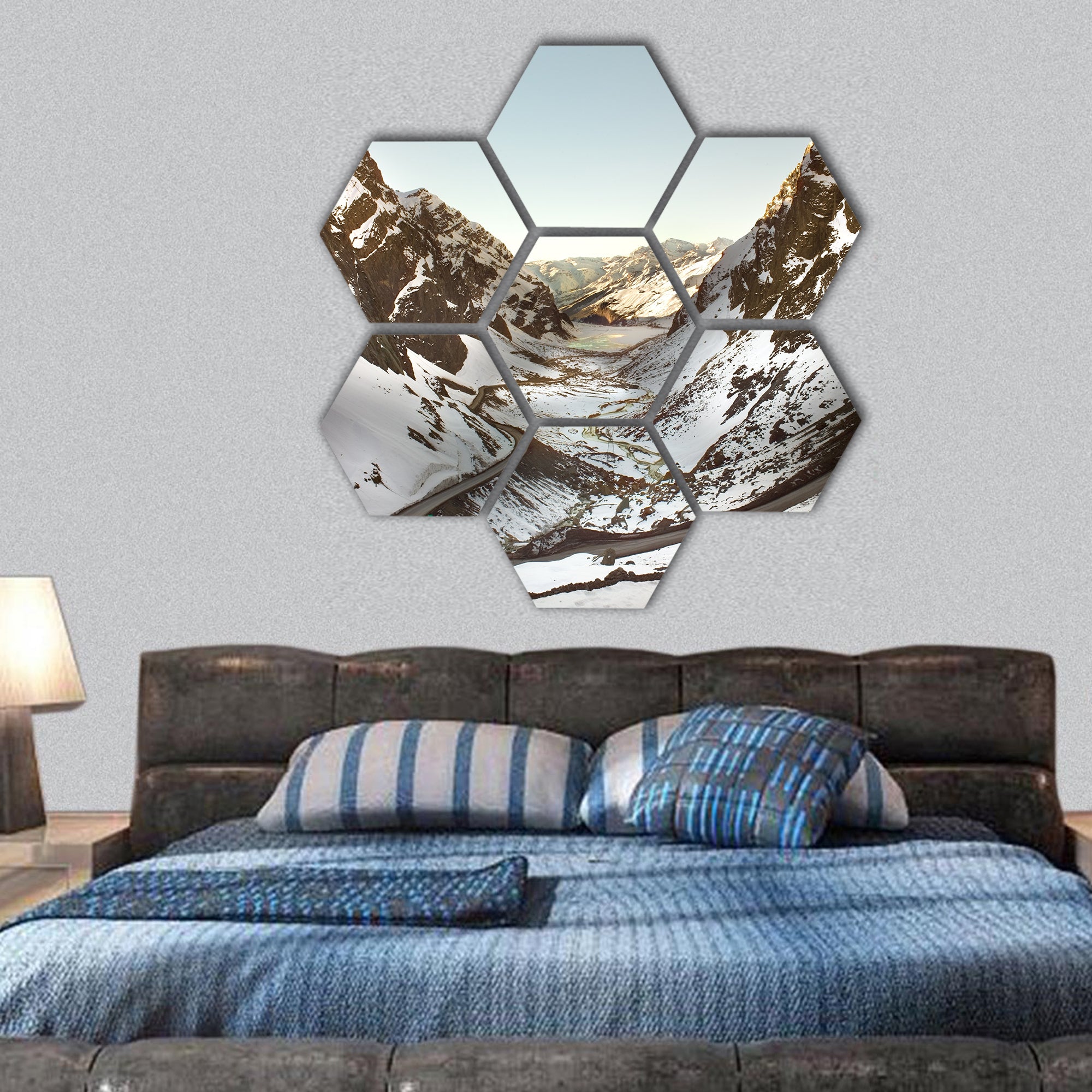 Road to Andina copper mine in chilean Andes hexagonal canvas wall art