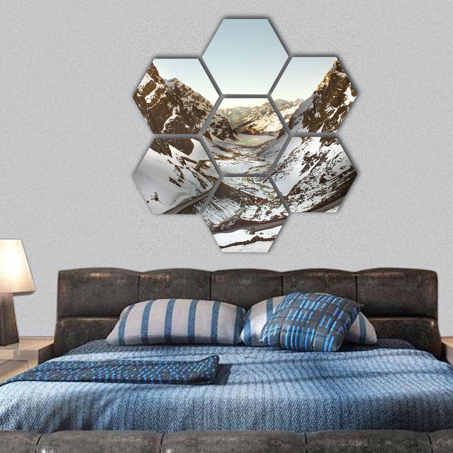 Road to Andina copper mine in chilean Andes hexagonal canvas wall art