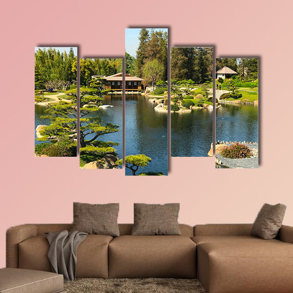 Beautiful flowers and trees in Japanese Garden Multi panel canvas wall art
