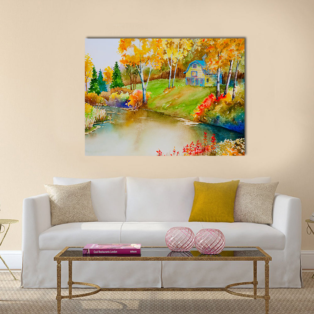 An autumn landscape featuring an old barn Multi Panel Canvas Wall Art