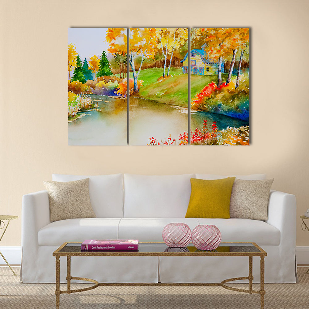 An autumn landscape featuring an old barn Multi Panel Canvas Wall Art