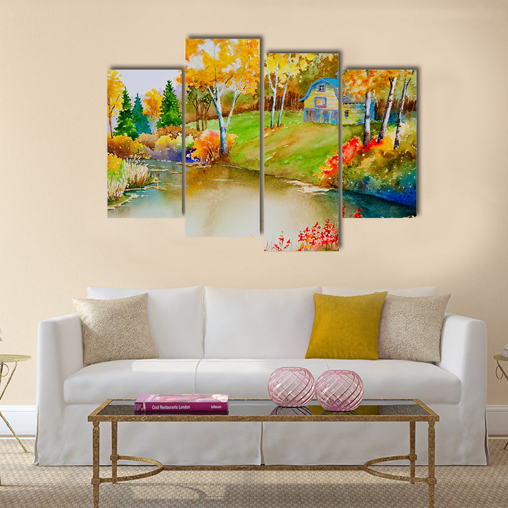 An autumn landscape featuring an old barn Multi Panel Canvas Wall Art
