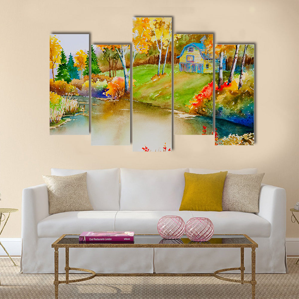 An autumn landscape featuring an old barn Multi Panel Canvas Wall Art