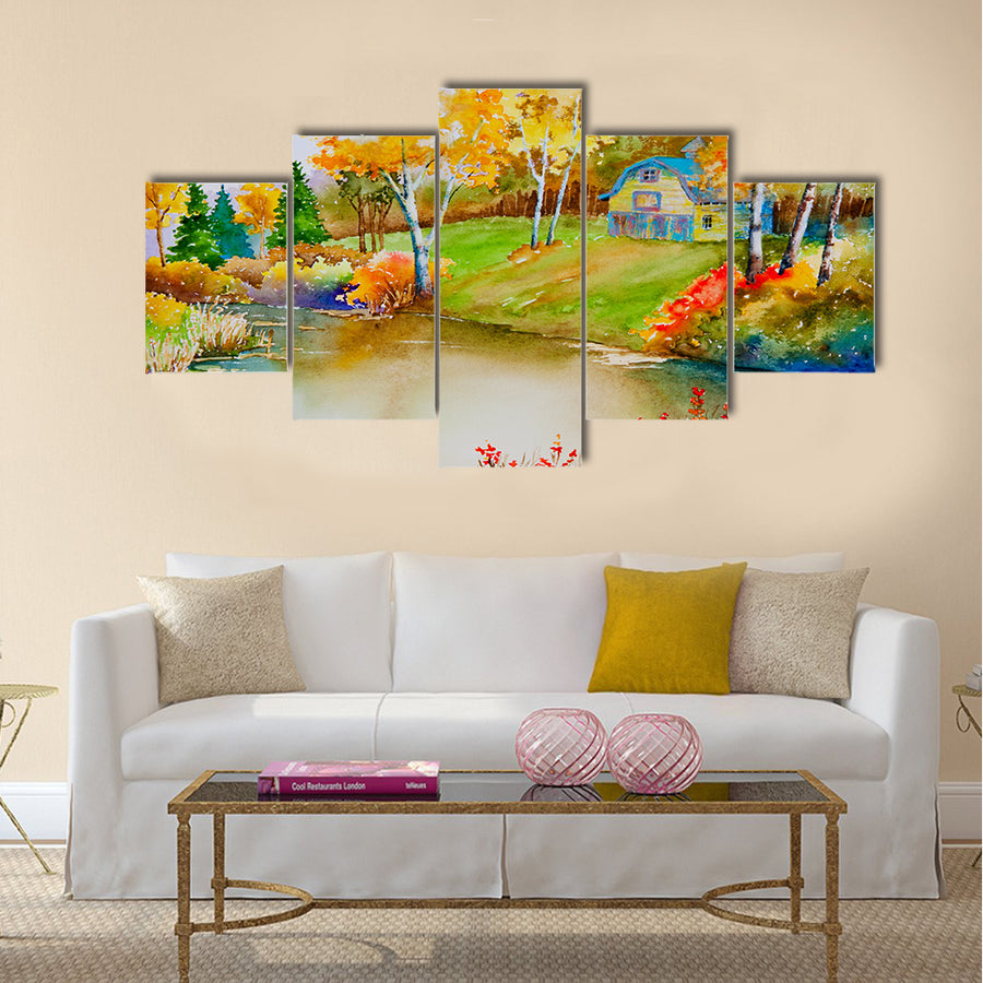 An autumn landscape featuring an old barn Multi Panel Canvas Wall Art