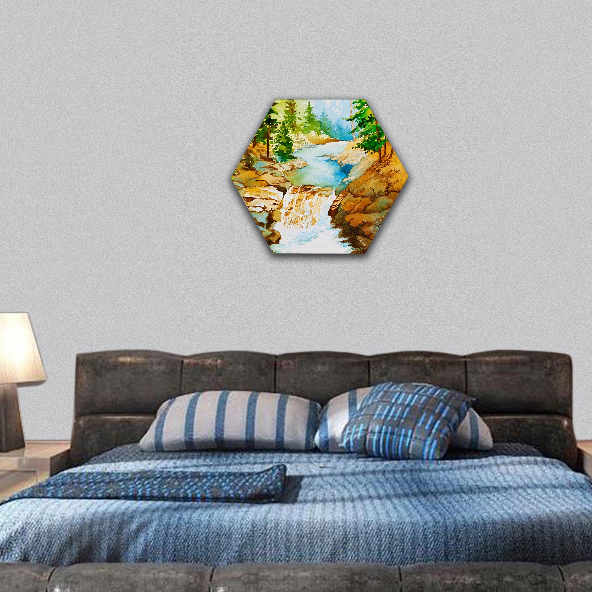 Painting of a waterfall landscape hexagonal canvas wall art