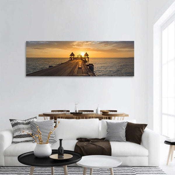 Wooden path  leading to ocean with beautiful sunset sky panoramic canvas wall art