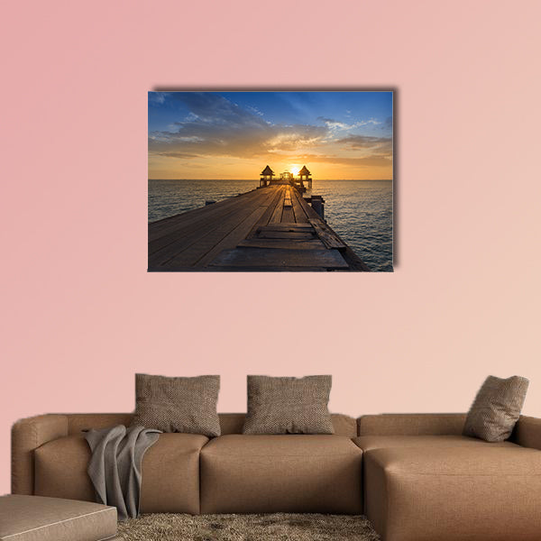 Wooden path walking way leading to ocean with beautiful sunset sky background Multi panel canvas wall art