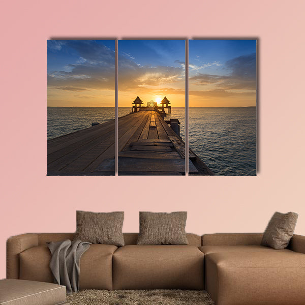 Wooden path walking way leading to ocean with beautiful sunset sky background Multi panel canvas wall art