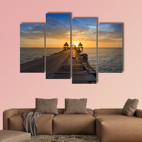 Wooden path walking way leading to ocean with beautiful sunset sky background Multi panel canvas wall art