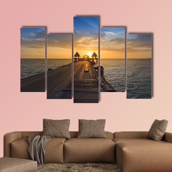 Wooden path walking way leading to ocean with beautiful sunset sky background Multi panel canvas wall art
