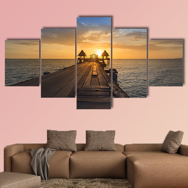 Wooden path walking way leading to ocean with beautiful sunset sky background Multi panel canvas wall art