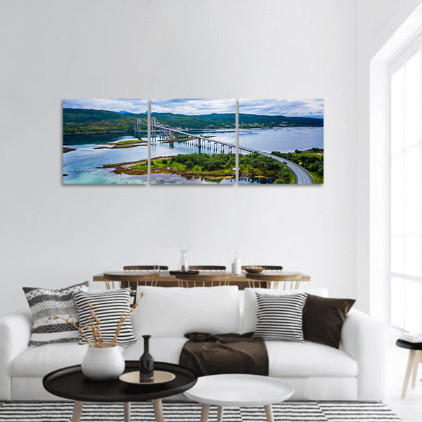 Tjeldsundbrua bridge with the islands in Norway aerial panoramic canvas wall art