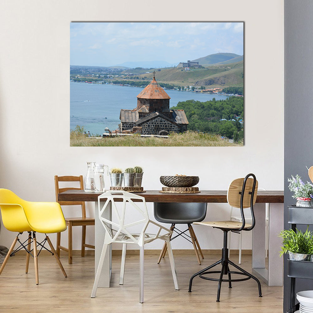 View Of A Church Located Beside A Lake In Armenia, Multi Panel Canvas Wall Art Print Set