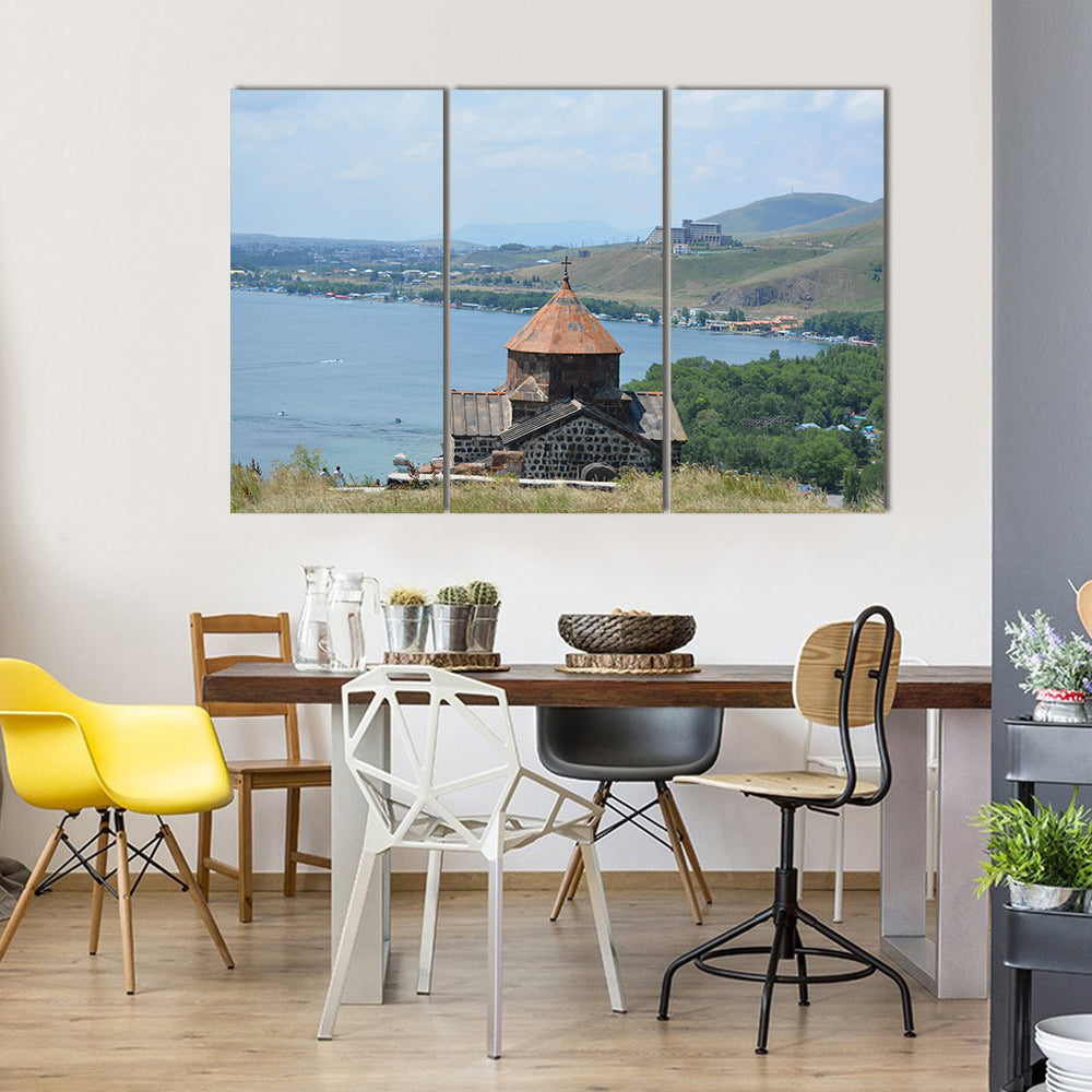 View Of A Church Located Beside A Lake In Armenia, Multi Panel Canvas Wall Art Print Set