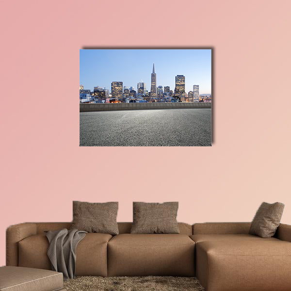 Cityscape of San Francisco at sunrise from empty road multi panel canvas wall art