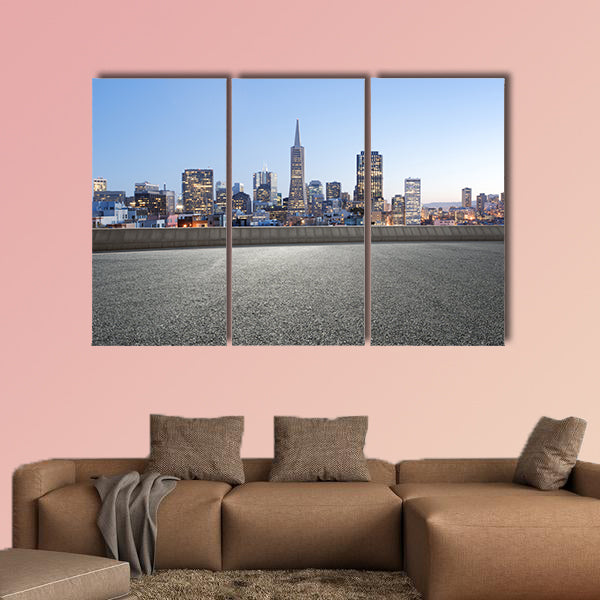 Cityscape of San Francisco at sunrise from empty road multi panel canvas wall art