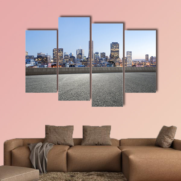Cityscape of San Francisco at sunrise from empty road multi panel canvas wall art