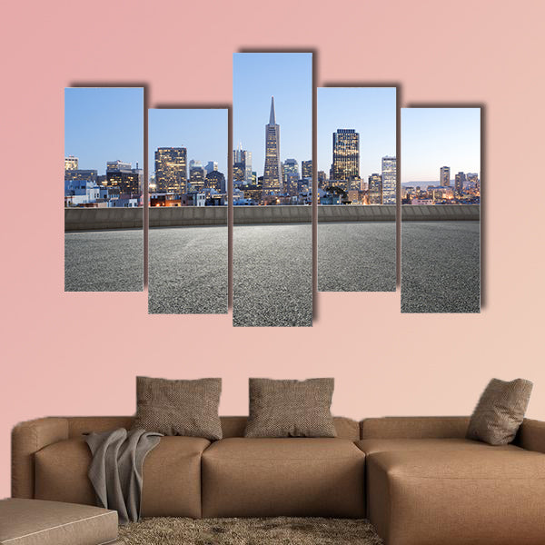 Cityscape of San Francisco at sunrise from empty road multi panel canvas wall art