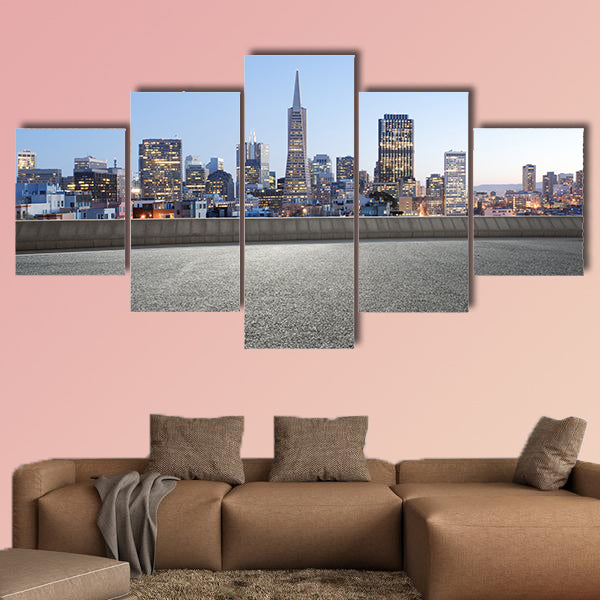 Cityscape of San Francisco at sunrise from empty road multi panel canvas wall art