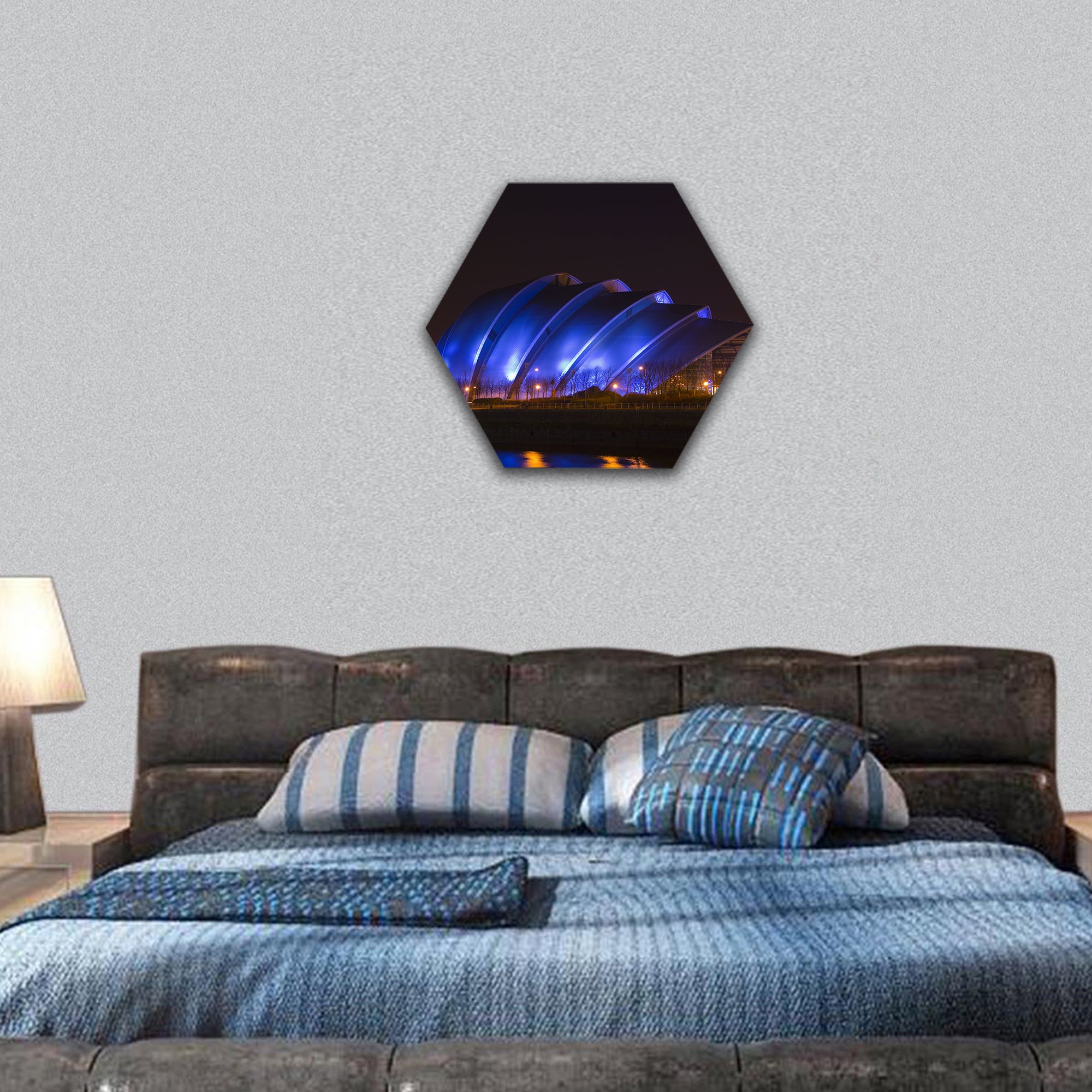 Glasgow's so-called 'Armadillo' building at night time hexagonal canvas wall art