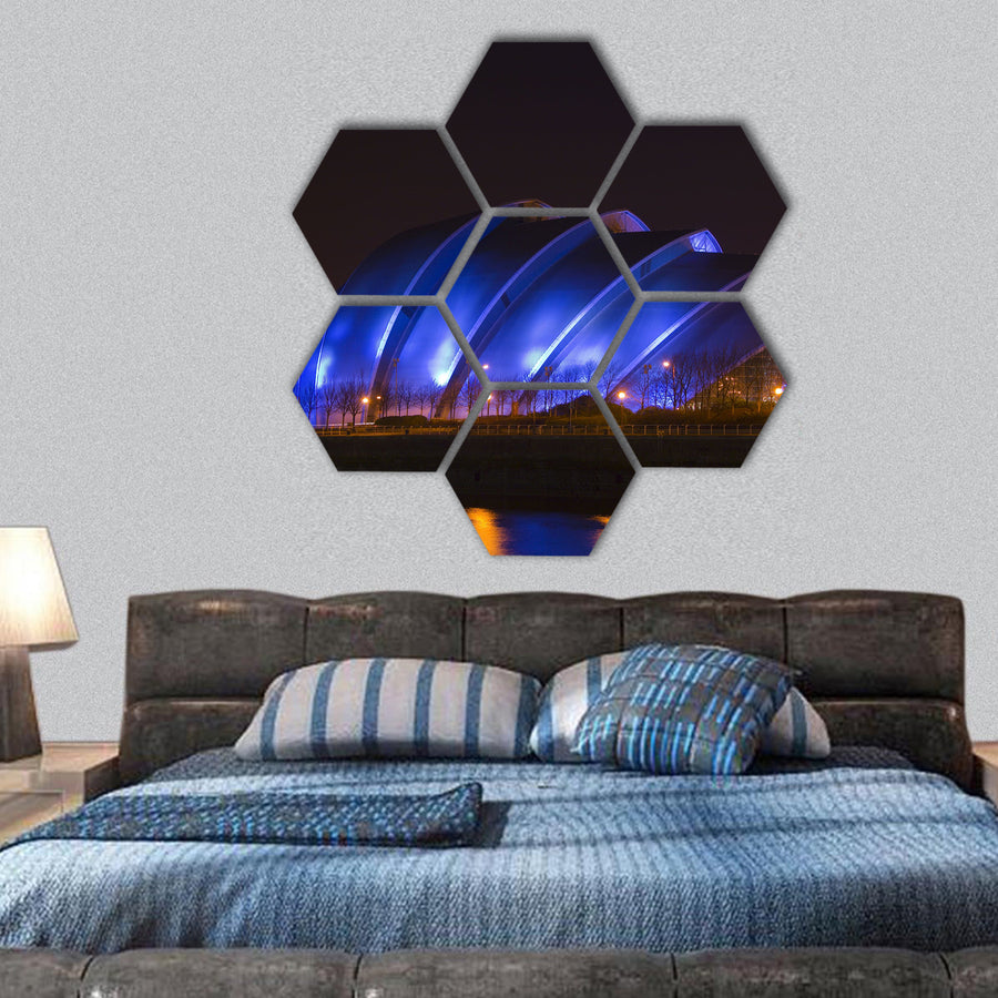 Glasgow's so-called 'Armadillo' building at night time hexagonal canvas wall art