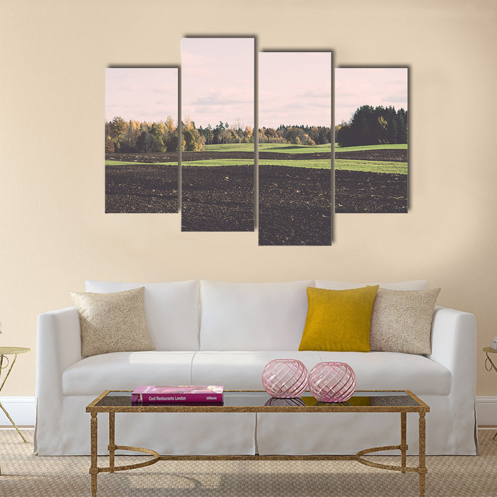 Green field with trees in the autumn Multi Panel Canvas Wall Art