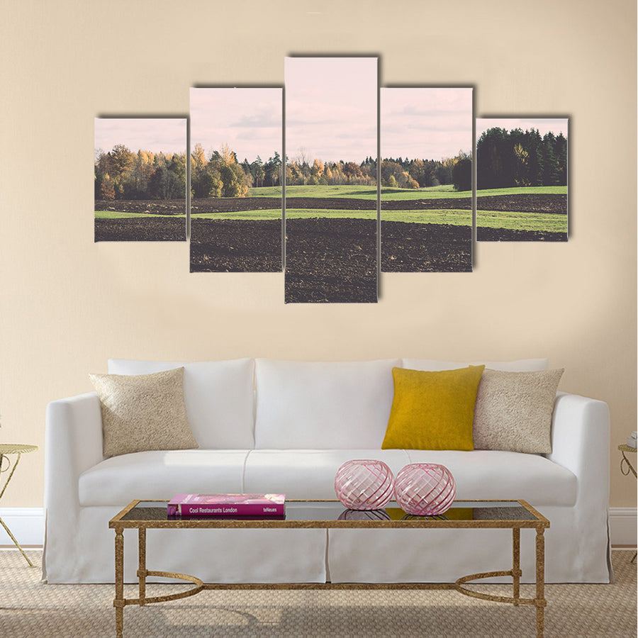 Green field with trees in the autumn Multi Panel Canvas Wall Art