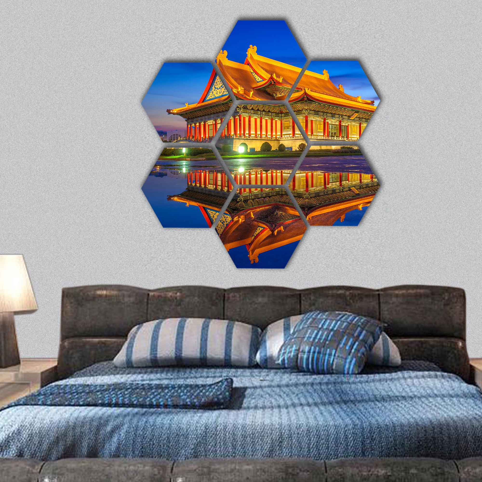Night view of National Theater and Concert Hall, hexagonal canvas wall art