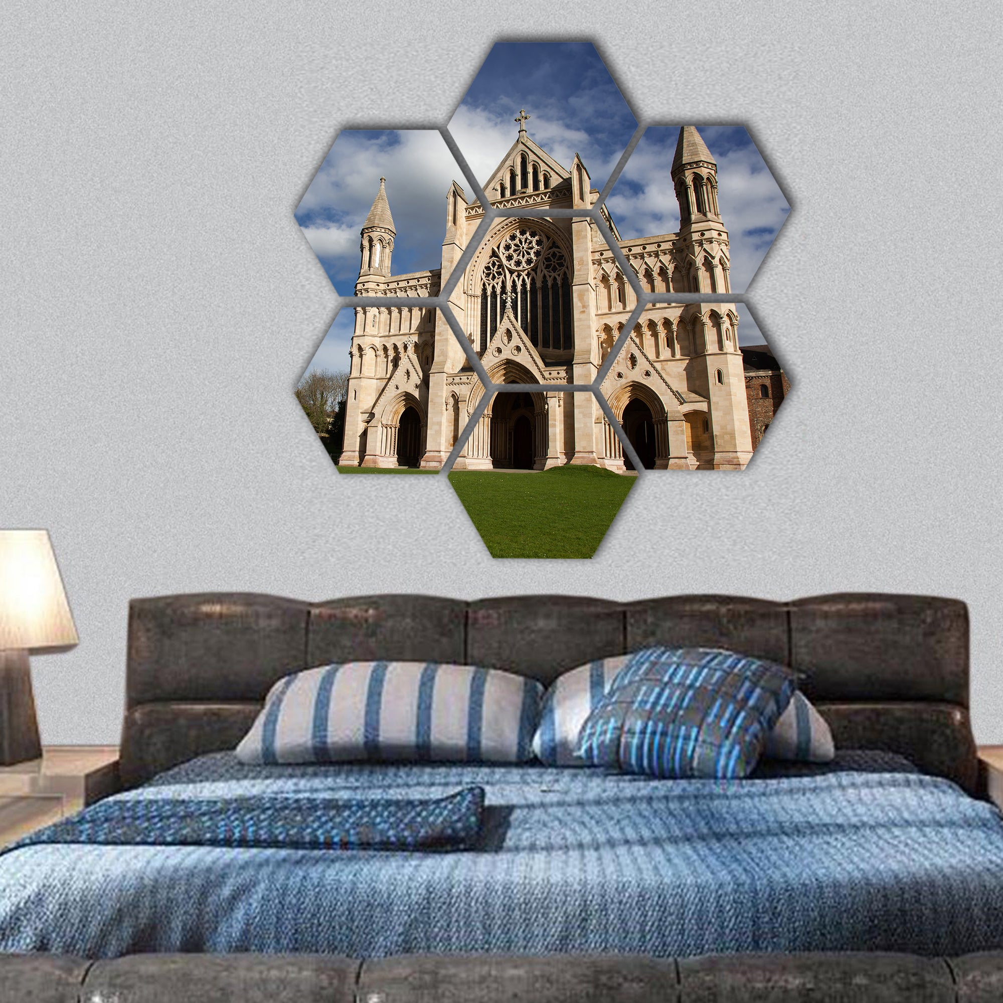 St Albans Cathedral on sunny day hexagonal canvas wall art
