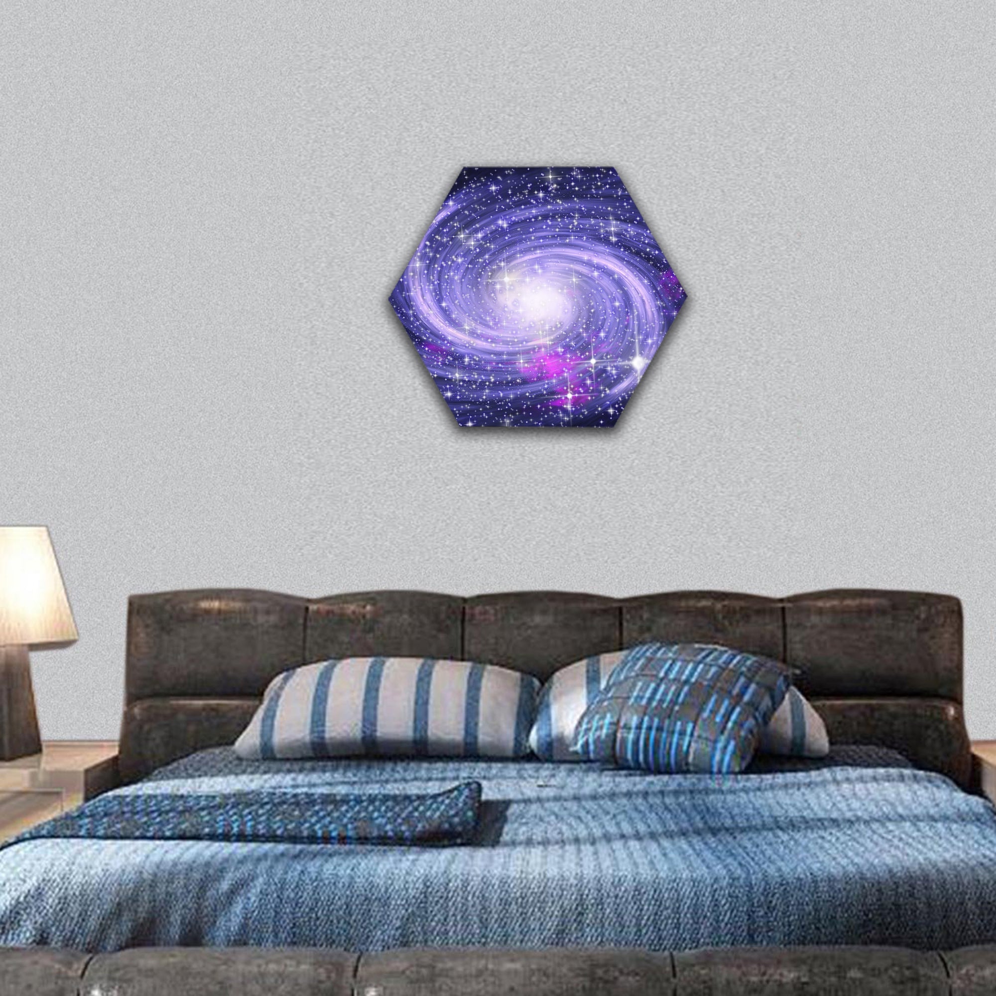 Big spiral galaxy in far star space hexagonal canvas wall art