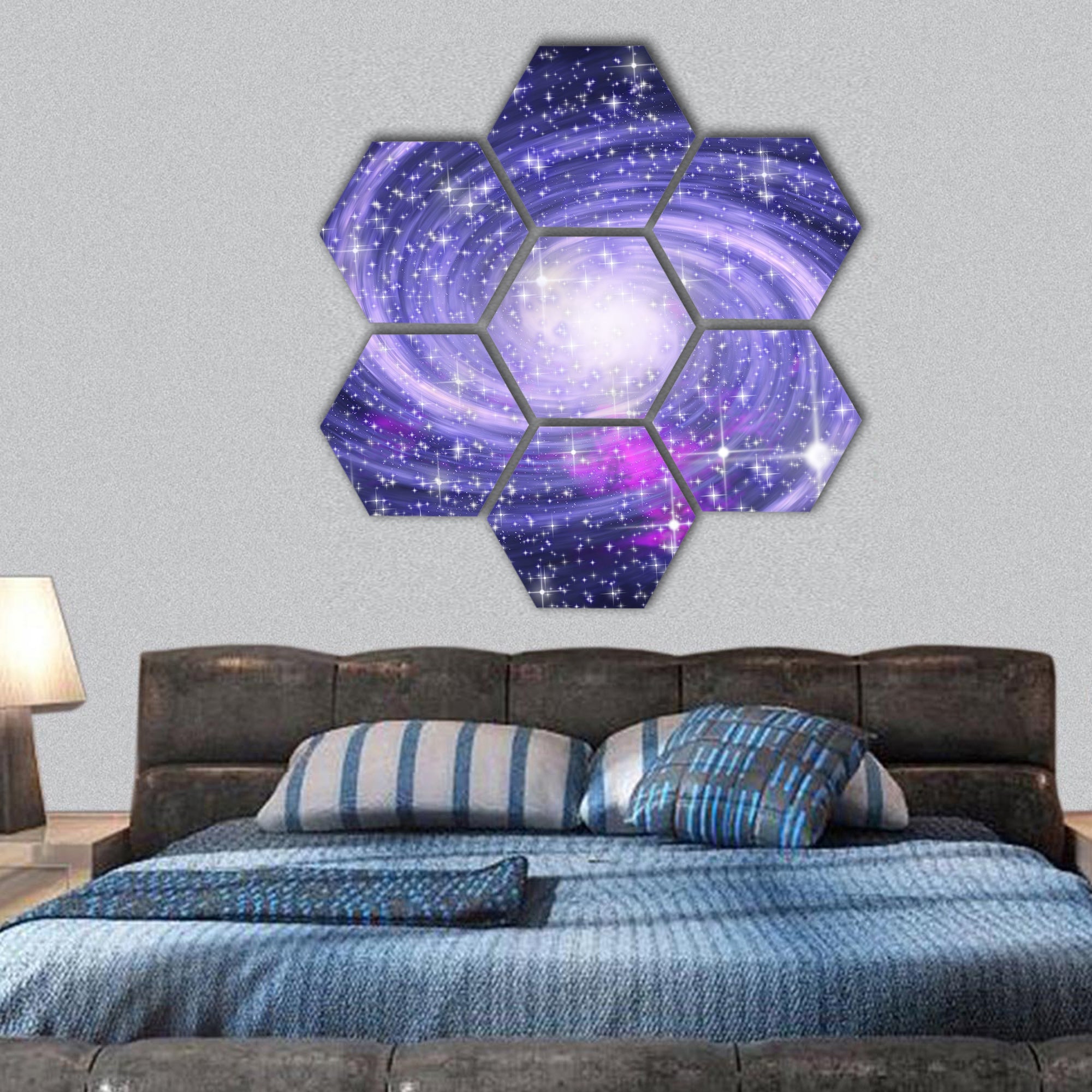 Big spiral galaxy in far star space hexagonal canvas wall art