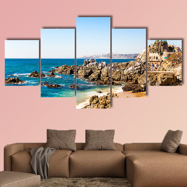 Rocky beach on summer day in Vina del Mar, Chile multi panel canvas wall art