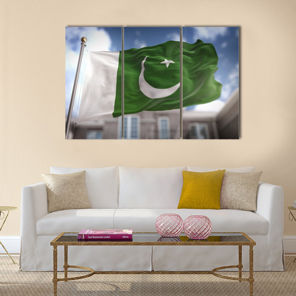 Pakistan Flag Under The Blue Cloudy Sky Multi Panel Canvas Wall Art