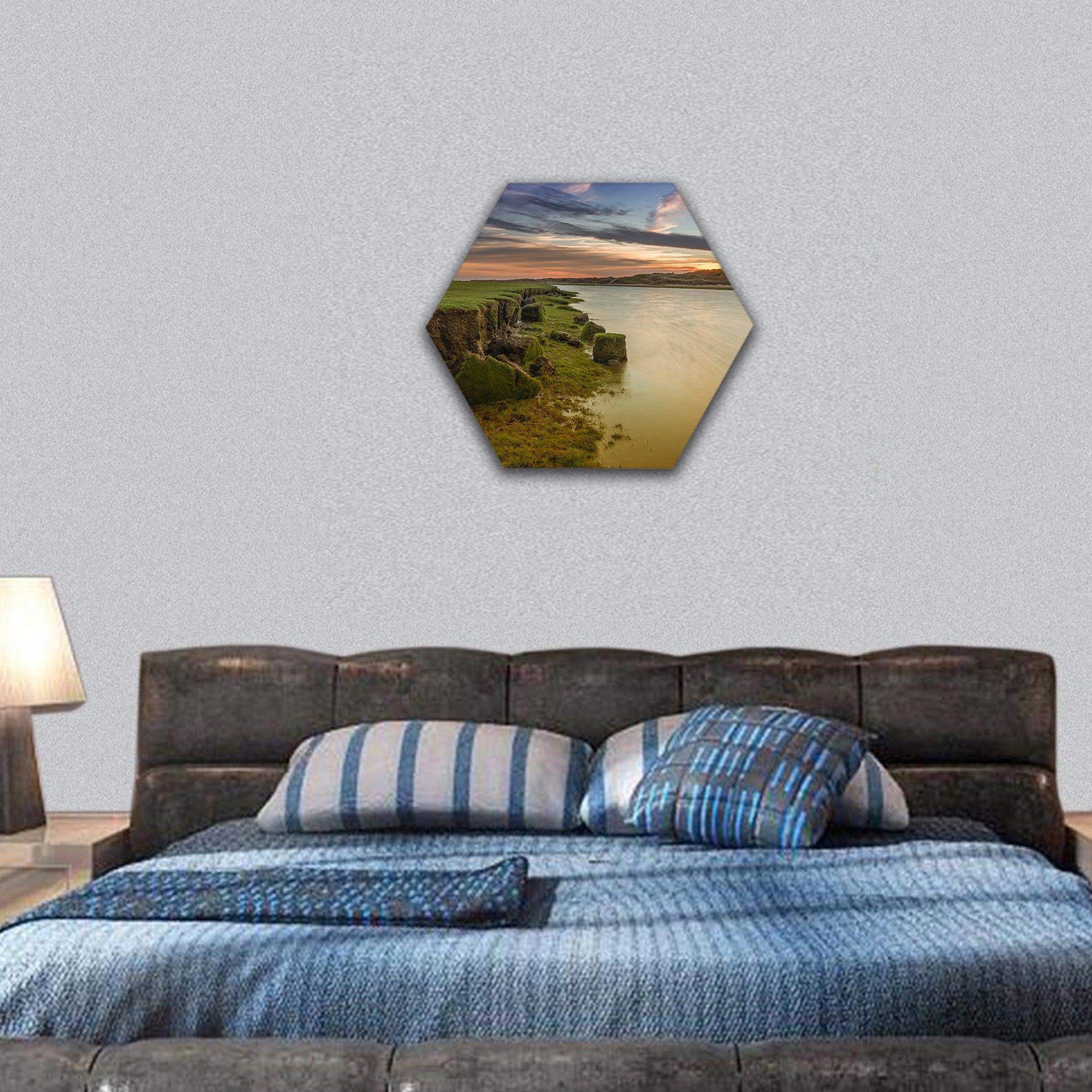 The river Ogmore, south Wales, at sunset hexagonal canvas wall art