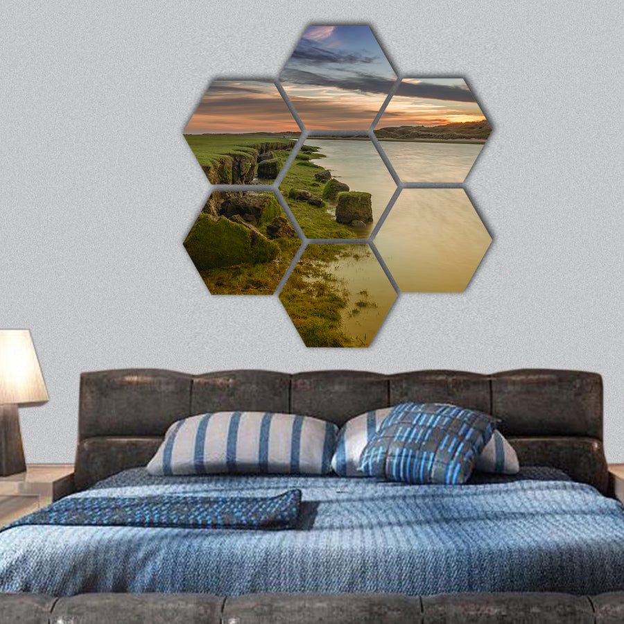 The river Ogmore, south Wales, at sunset hexagonal canvas wall art