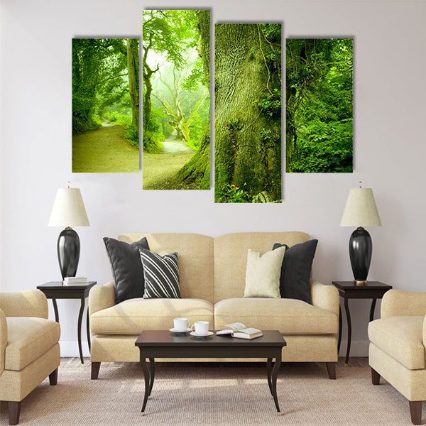 A pathway leading into a forest. Multi Panel Canvas Wall Art