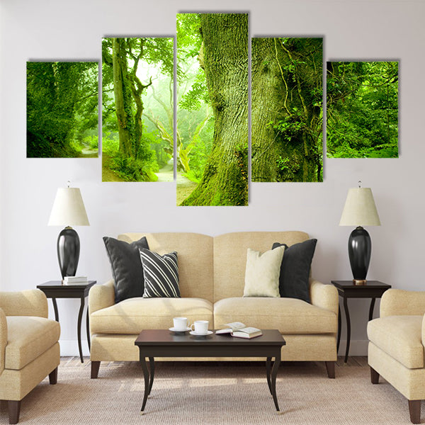 A pathway leading into a forest. Multi Panel Canvas Wall Art