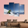 Female skier on downhill race with sun and Mountain View Multi panel canvas wall art