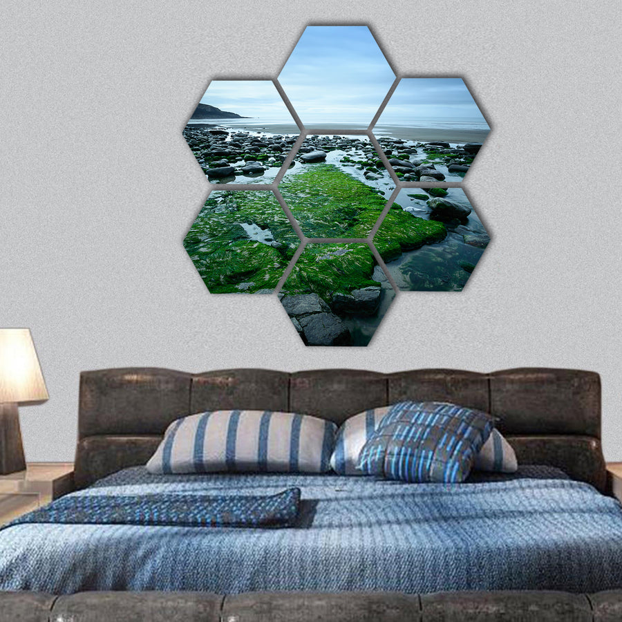 Dunraven Bay on a cloudy day, on the Glamorgan Coast hexagonal canvas wall art