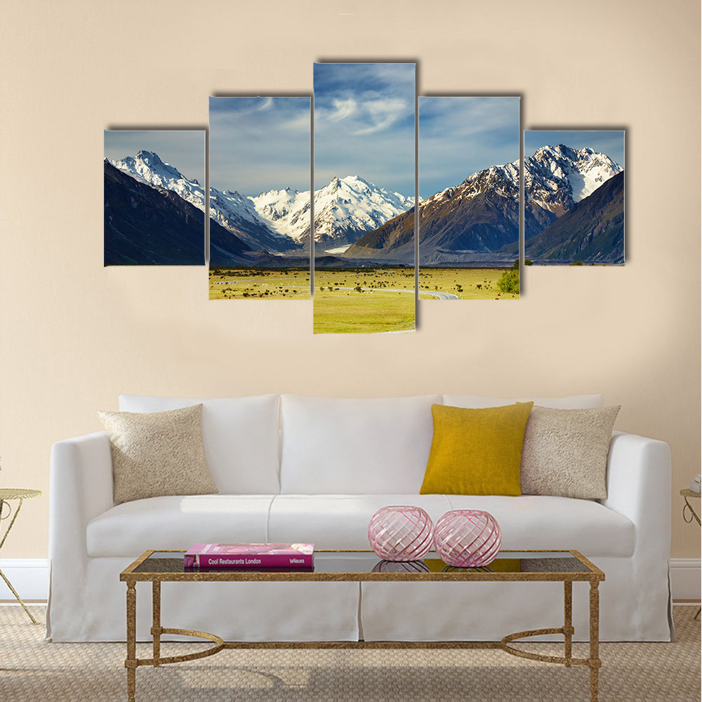 Landscape with road and snowy mountains Multi Panel Canvas Wall Art