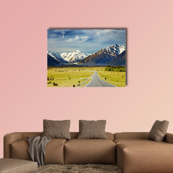 Landscape with road and snowy mountains, Southern Alps, canvas wall art