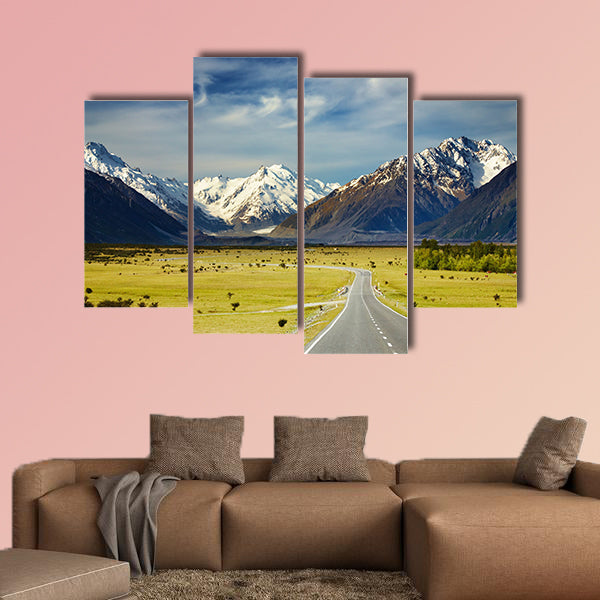 Landscape with road and snowy mountains, Southern Alps, canvas wall art