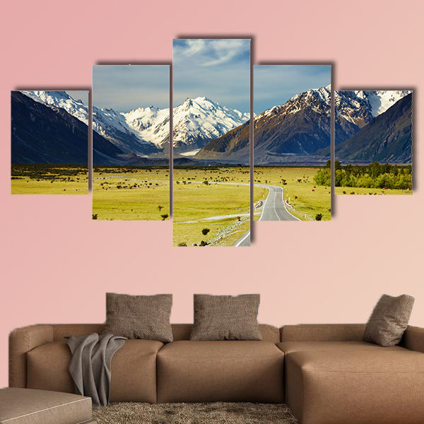 Landscape with road and snowy mountains, Southern Alps, canvas wall art
