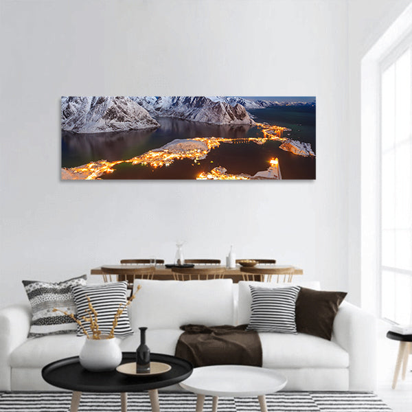 Aurora Borealis over Reinebringen mountain ridge Lofoten, panoramic canvas wall art